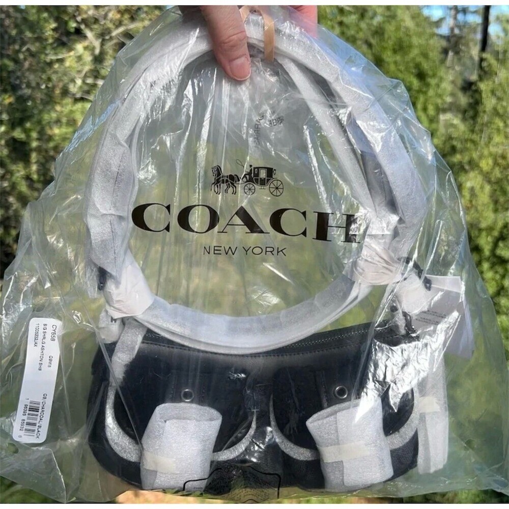 COACH Ashton Baguette Graphite Signature Canvas Shearling Pockets NWT